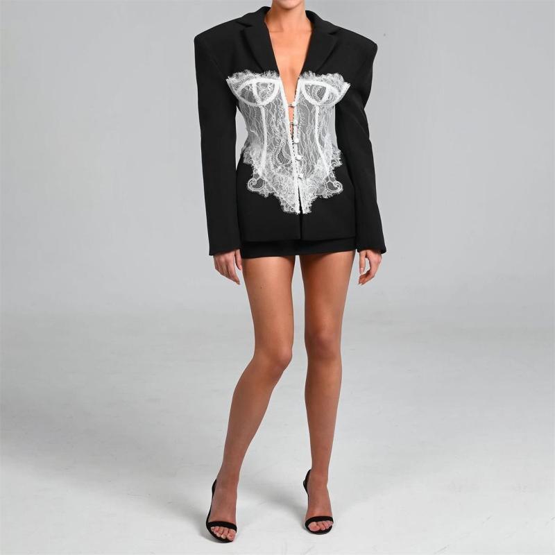 Black Long Sleeve Fashion Women's Lace Splicing Suit Casual Jacket