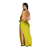 Yellow Straps Low Cut Backless Pleated Fashion Women's Party Maxi Dress