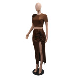 Brown Two Pieces Short Sleeve Top with Slit Pleated Fashion Skirt Sets