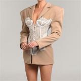 Khaki Long Sleeve Fashion Women's Lace Splicing Suit Casual Jacket