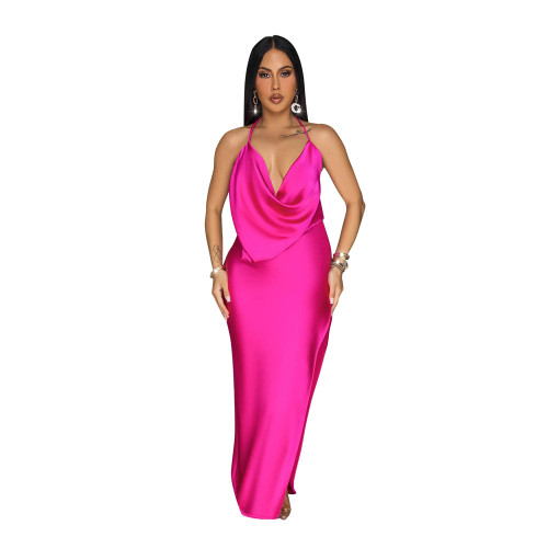 Rose Red Straps Low Cut Backless Pleated Fashion Women's Party Maxi Dress