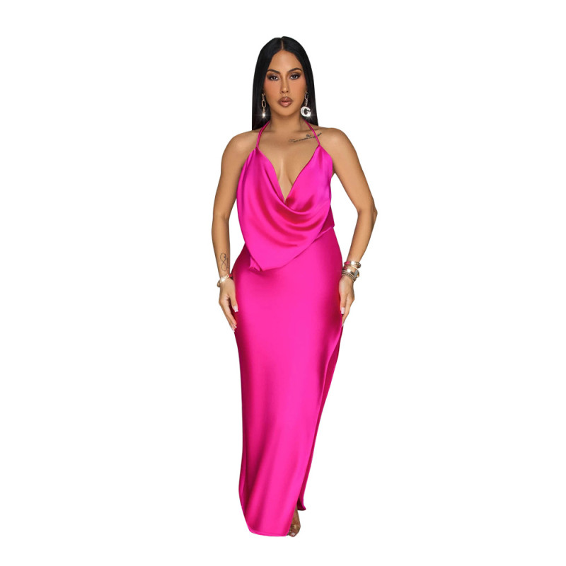 Rose Red Straps Low Cut Backless Pleated Fashion Women's Party Maxi Dress