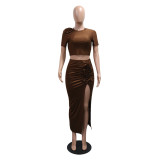 Brown Two Pieces Short Sleeve Top with Slit Pleated Fashion Skirt Sets