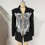 Black Long Sleeve Fashion Women's Lace Splicing Suit Casual Jacket