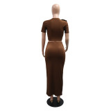 Brown Two Pieces Short Sleeve Top with Slit Pleated Fashion Skirt Sets