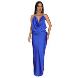 Blue Straps Low Cut Backless Pleated Fashion Women's Party Maxi Dress
