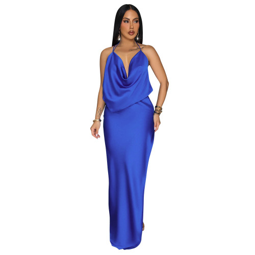 Blue Straps Low Cut Backless Pleated Fashion Women's Party Maxi Dress
