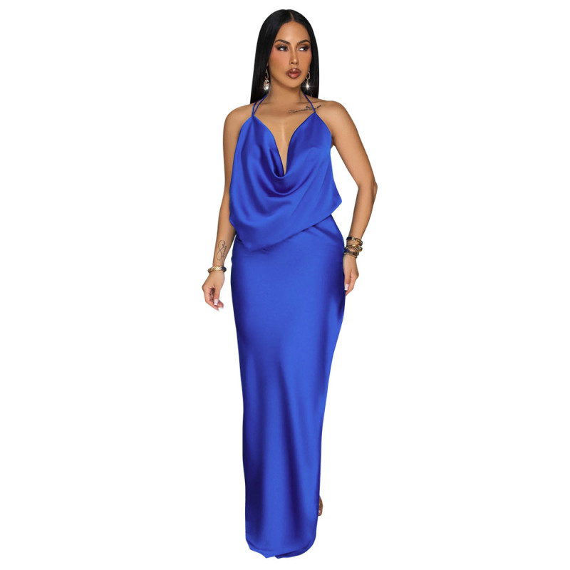 Blue Straps Low Cut Backless Pleated Fashion Women's Party Maxi Dress
