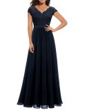 Royal Blue Lace Hollow Out V Neck Splicing Slim Fit Chiffon Elegant Maxi Dress