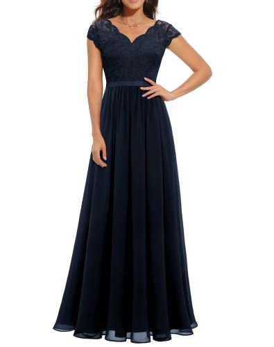Royal Blue Lace Hollow Out V Neck Splicing Slim Fit Chiffon Elegant Maxi Dress
