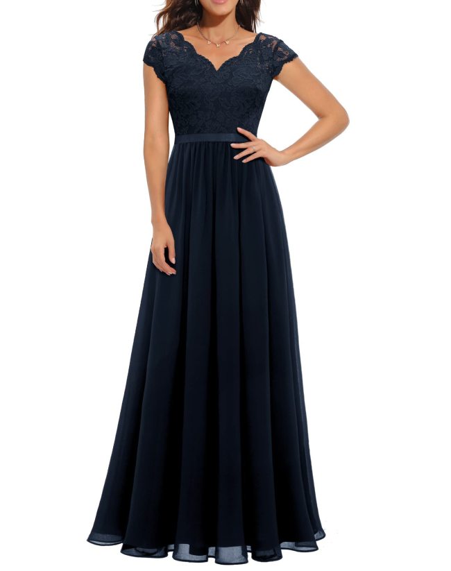 Royal Blue Lace Hollow Out V Neck Splicing Slim Fit Chiffon Elegant Maxi Dress
