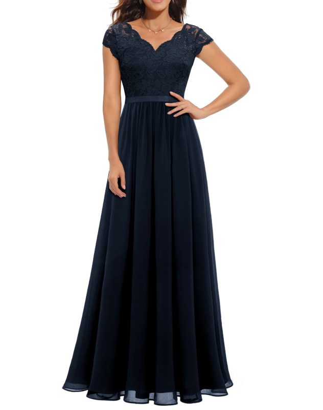 Royal Blue Lace Hollow Out V Neck Splicing Slim Fit Chiffon Elegant Maxi Dress