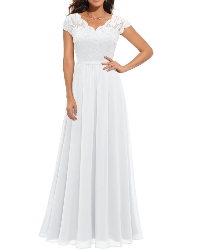 White Lace Hollow Out V Neck Splicing Slim Fit Chiffon Elegant Maxi Dress
