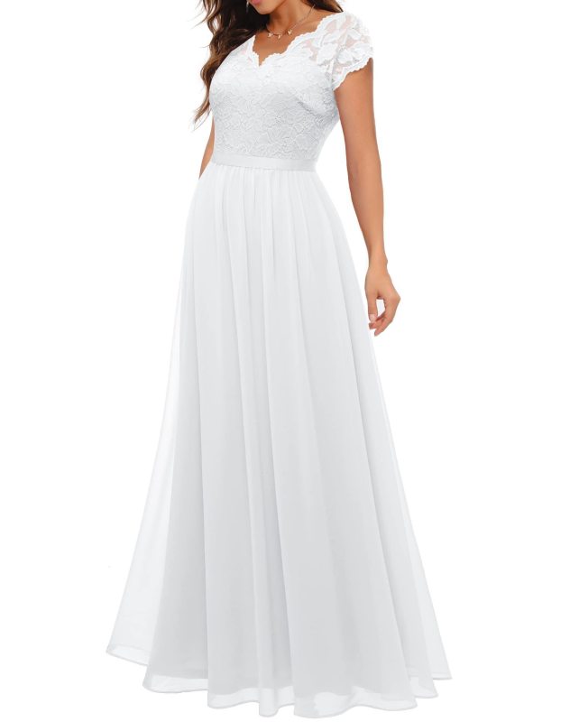 White Lace Hollow Out V Neck Splicing Slim Fit Chiffon Elegant Maxi Dress