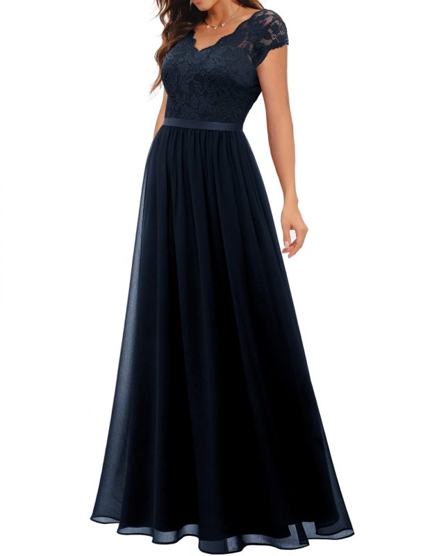 Royal Blue Lace Hollow Out V Neck Splicing Slim Fit Chiffon Elegant Maxi Dress