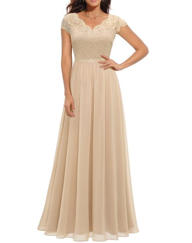 Apricot Lace Hollow Out V Neck Splicing Slim Fit Chiffon Elegant Maxi Dress