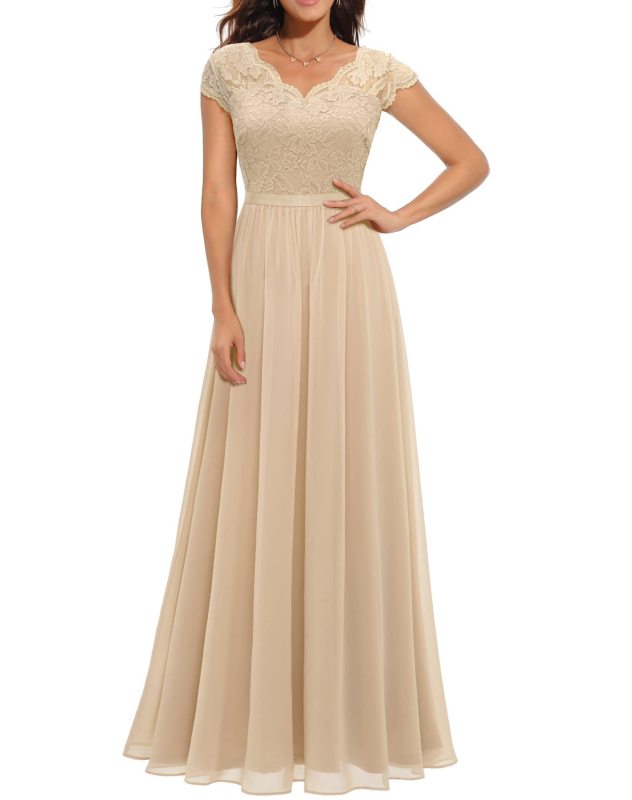 Apricot Lace Hollow Out V Neck Splicing Slim Fit Chiffon Elegant Maxi Dress