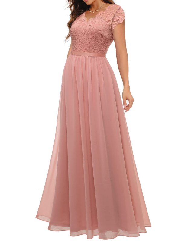 Pink Lace Hollow Out V Neck Splicing Slim Fit Chiffon Elegant Maxi Dress