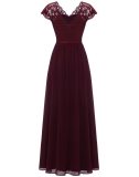 Claret Lace Hollow Out V Neck Splicing Slim Fit Chiffon Elegant Maxi Dress