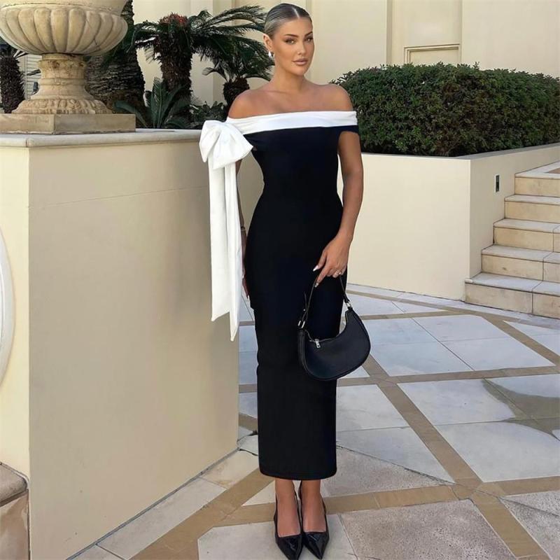 Black Off Shoulder One-Shoulder Ribbon Slim Fit Women's Elegant Dress