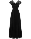 Black Lace Hollow Out V Neck Splicing Slim Fit Chiffon Elegant Maxi Dress