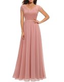 Pink Lace Hollow Out V Neck Splicing Slim Fit Chiffon Elegant Maxi Dress