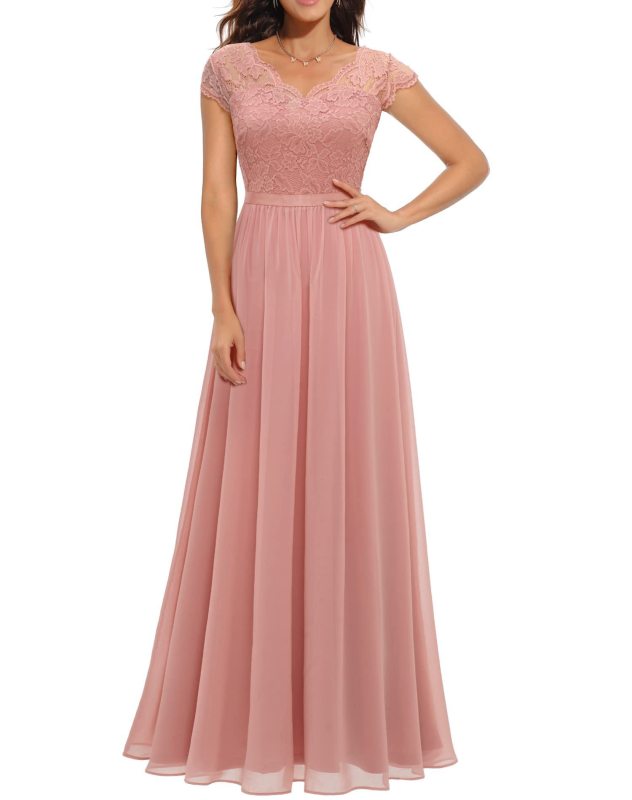 Pink Lace Hollow Out V Neck Splicing Slim Fit Chiffon Elegant Maxi Dress