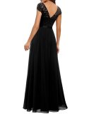 Black Lace Hollow Out V Neck Splicing Slim Fit Chiffon Elegant Maxi Dress