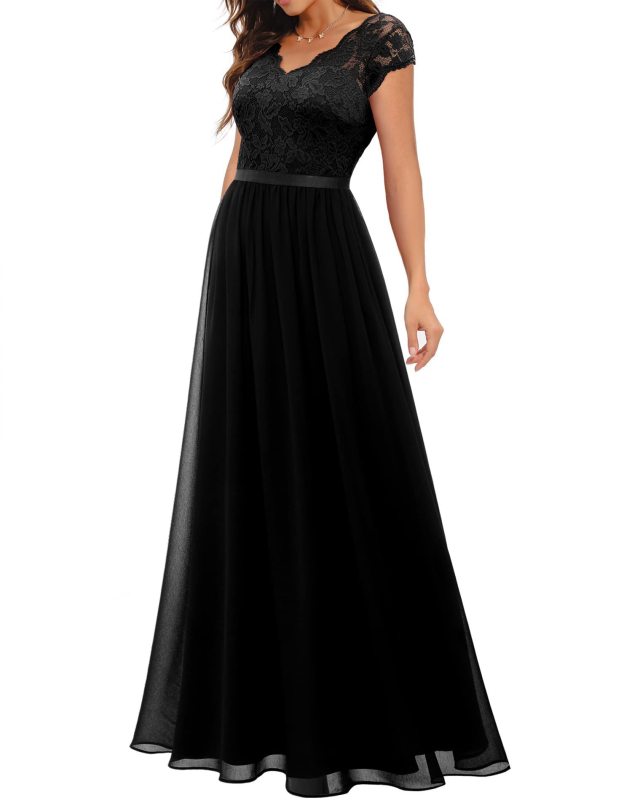 Black Lace Hollow Out V Neck Splicing Slim Fit Chiffon Elegant Maxi Dress