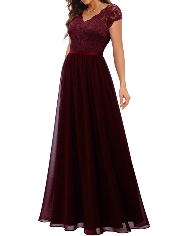Claret Lace Hollow Out V Neck Splicing Slim Fit Chiffon Elegant Maxi Dress