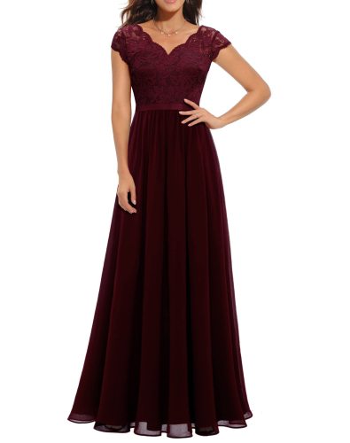 Claret Lace Hollow Out V Neck Splicing Slim Fit Chiffon Elegant Maxi Dress