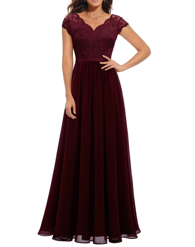 Claret Lace Hollow Out V Neck Splicing Slim Fit Chiffon Elegant Maxi Dress