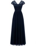 Royal Blue Lace Hollow Out V Neck Splicing Slim Fit Chiffon Elegant Maxi Dress