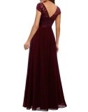 Claret Lace Hollow Out V Neck Splicing Slim Fit Chiffon Elegant Maxi Dress