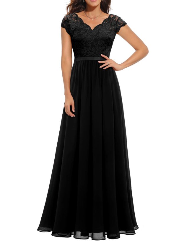 Black Lace Hollow Out V Neck Splicing Slim Fit Chiffon Elegant Maxi Dress