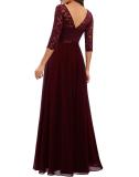 Claret Half Sleeve Lace Hollow Out V Neck Pleated Mesh Evening Birthday Party Maxi Dress