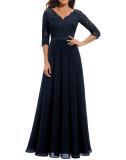 Royal Blue Half Sleeve Lace Hollow Out V Neck Pleated Mesh Evening Birthday Party Maxi Dress