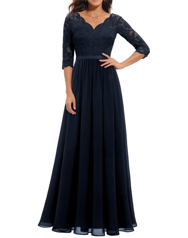 Royal Blue Half Sleeve Lace Hollow Out V Neck Pleated Mesh Evening Birthday Party Maxi Dress