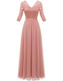 Pink Half Sleeve Lace Hollow Out V Neck Pleated Mesh Evening Birthday Party Maxi Dress