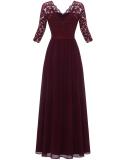 Claret Half Sleeve Lace Hollow Out V Neck Pleated Mesh Evening Birthday Party Maxi Dress