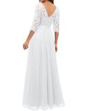 White Half Sleeve Lace Hollow Out V Neck Pleated Mesh Evening Birthday Party Maxi Dress
