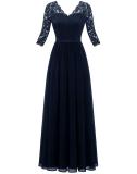 Royal Blue Half Sleeve Lace Hollow Out V Neck Pleated Mesh Evening Birthday Party Maxi Dress