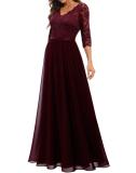 Claret Half Sleeve Lace Hollow Out V Neck Pleated Mesh Evening Birthday Party Maxi Dress