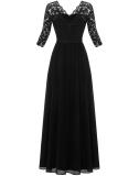 Black Half Sleeve Lace Hollow Out V Neck Pleated Mesh Evening Birthday Party Maxi Dress