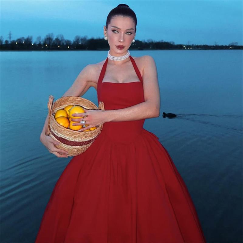 Red Straps Boat-Neck Pleated Lace Up Women Nights Club Midi Dress