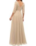 Apricot Half Sleeve Lace Hollow Out V Neck Pleated Mesh Evening Birthday Party Maxi Dress