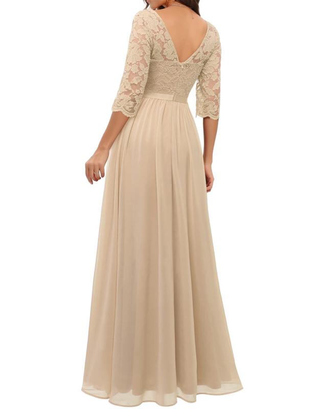 Apricot Half Sleeve Lace Hollow Out V Neck Pleated Mesh Evening Birthday Party Maxi Dress