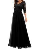Black Half Sleeve Lace Hollow Out V Neck Pleated Mesh Evening Birthday Party Maxi Dress