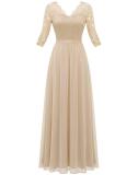 Apricot Half Sleeve Lace Hollow Out V Neck Pleated Mesh Evening Birthday Party Maxi Dress