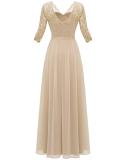 Apricot Half Sleeve Lace Hollow Out V Neck Pleated Mesh Evening Birthday Party Maxi Dress